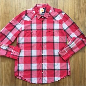HugoBoss Red Gray Plaid Snap Urban Western Shirt
